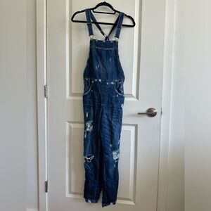 Zara distressed denim overalls